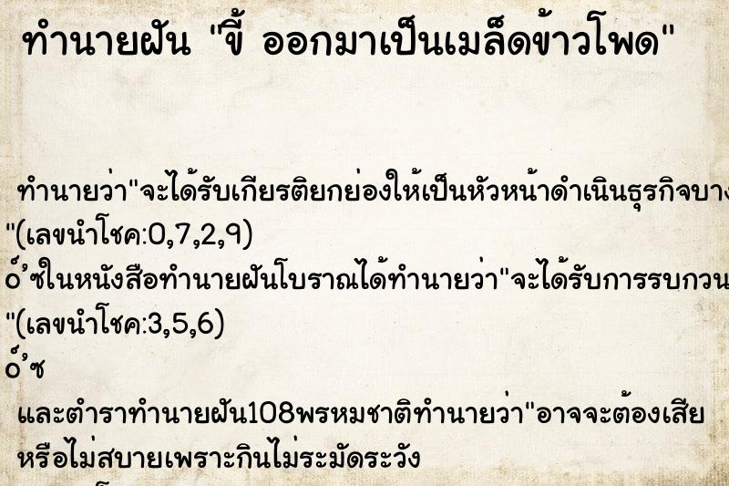 ทำนายฝัน ขี้ ออกมาเป็นเมล็ดข้าวโพด